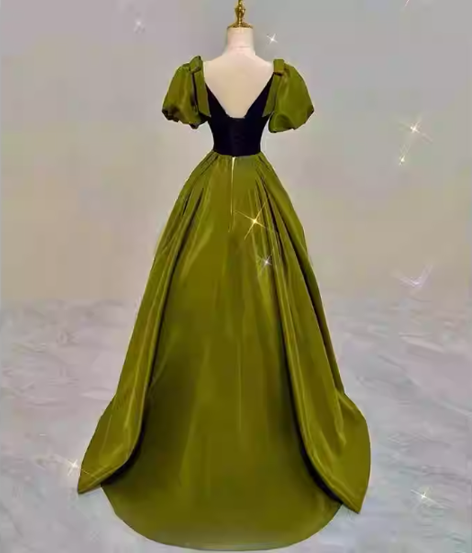 Vintage Green A-Line V-Neck Puff Sleeve Satin Long Prom Dresses Evening Dresses Secondary image