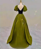 Vintage Green A-Line V-Neck Puff Sleeve Satin Long Prom Dresses Evening Dresses