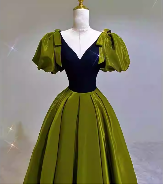 Vintage Green A-Line V-Neck Puff Sleeve Satin Long Prom Dresses Evening Dresses