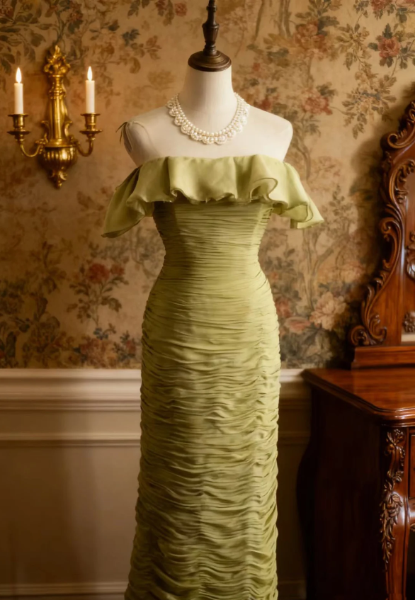Vintage Green Fitted Off-Shoulder Ruffled Chiffon Long Prom Dresses Evening Dresses
