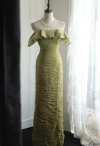 Vintage Green Fitted Off-Shoulder Ruffled Chiffon Long Prom Dresses Evening Dresses