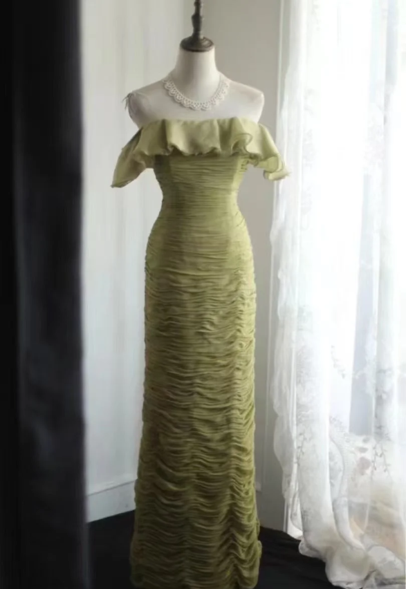 Vintage Green Fitted Off-Shoulder Ruffled Chiffon Long Prom Dresses Evening Dresses