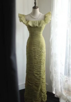 Vintage Green Fitted Off-Shoulder Ruffled Chiffon Long Prom Dresses Evening Dresses