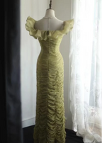 Vintage Green Fitted Off-Shoulder Ruffled Chiffon Long Prom Dresses Evening Dresses