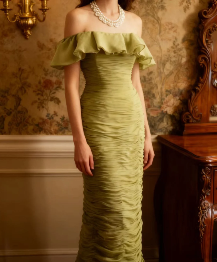 Vintage Green Fitted Off-Shoulder Ruffled Chiffon Long Prom Dresses Evening Dresses