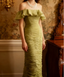 Vintage Green Fitted Off-Shoulder Ruffled Chiffon Long Prom Dresses Evening Dresses