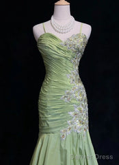 Vintage Green Mermaid Spaghetti Strap Satin Beaded Sequin Long Prom Dress Sweetheart Neck Evening Dress