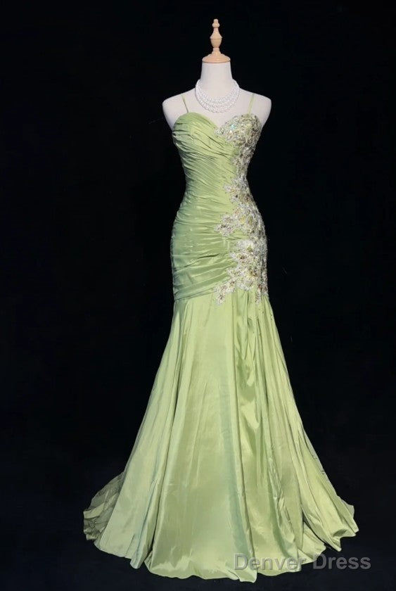 Vintage Green Mermaid Spaghetti Strap Satin Beaded Sequin Long Prom Dress Sweetheart Neck Evening Dress