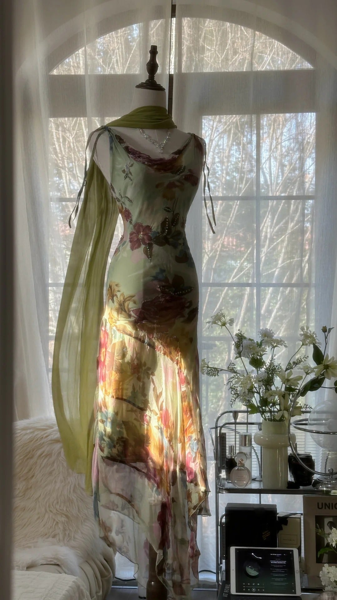 Vintage Green Oil Painting Chiffon Print Irregular Skirt Prom Dresses Secondary image