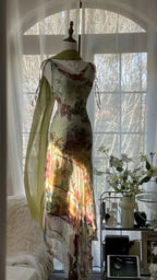 Vintage Green Oil Painting Chiffon Print Irregular Skirt Prom Dresses