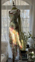 Vintage Green Oil Painting Chiffon Print Irregular Skirt Prom Dresses