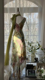 Vintage Green Oil Painting Chiffon Print Irregular Skirt Prom Dresses
