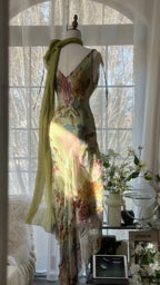 Vintage Green Oil Painting Chiffon Print Irregular Skirt Prom Dresses