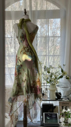Vintage Green Oil Painting Chiffon Print Irregular Skirt Prom Dresses