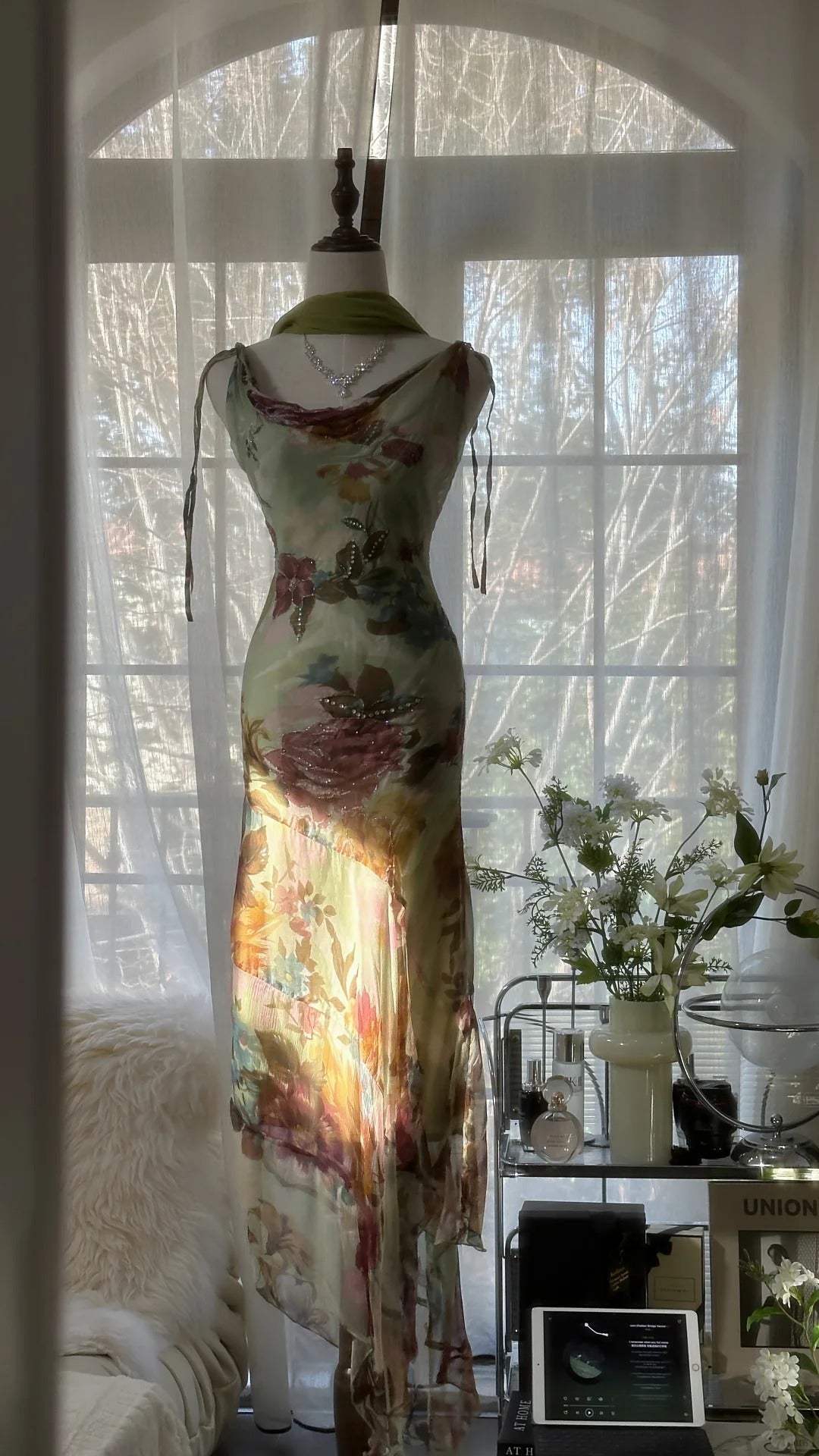 Vintage Green Oil Painting Chiffon Print Irregular Skirt Prom Dresses