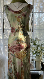 Vintage Green Oil Painting Chiffon Print Irregular Skirt Prom Dresses