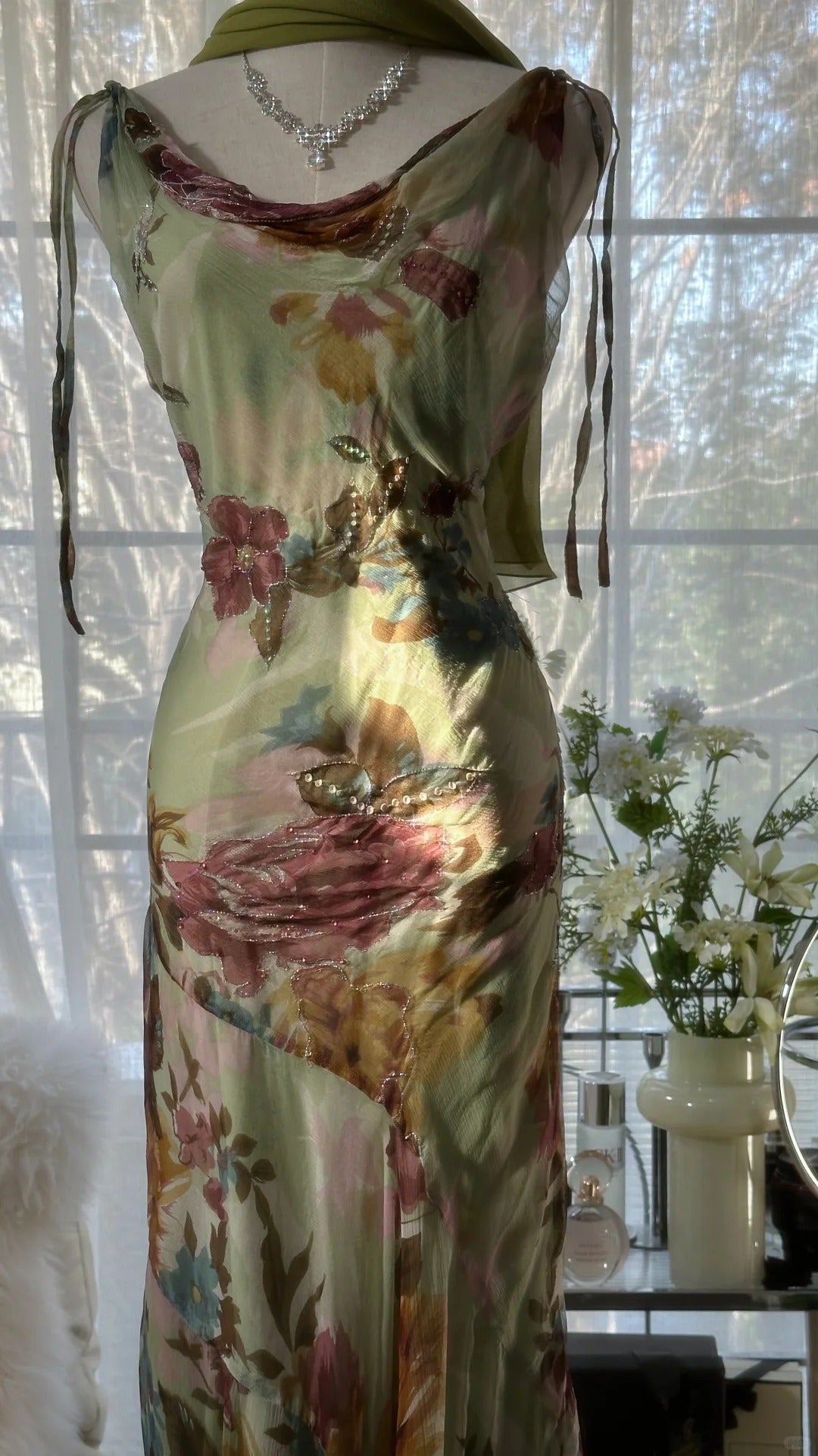 Vintage Green Oil Painting Chiffon Print Irregular Skirt Prom Dresses
