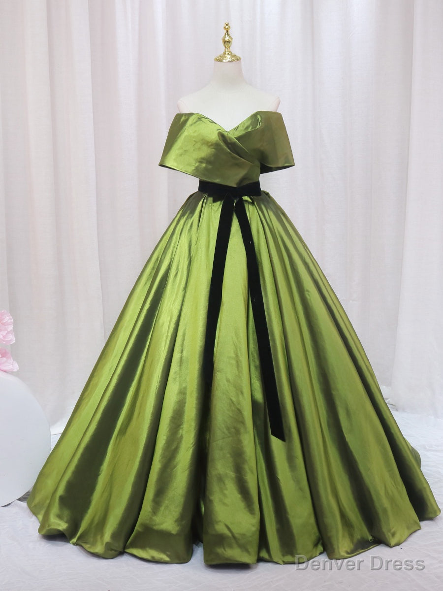 Vintage Green Satin Off the Shoulder Prom Dress Main image