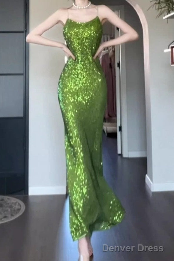 Vintage Green Sheath Spaghetti Strap Sequined Prom Dress Birthday Dresses Secondary image