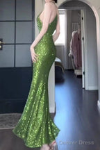 Vintage Green Sheath Spaghetti Strap Sequined Prom Dress Birthday Dresses