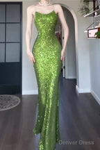 Vintage Green Sheath Spaghetti Strap Sequined Prom Dress Birthday Dresses