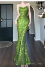 Vintage Green Sheath Spaghetti Strap Sequined Prom Dress Birthday Dresses