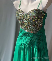 Vintage Green Spaghetti Strap Chiffon A-Line Sequin Rhinestone Prom Dress Beautiful Bridal Dress