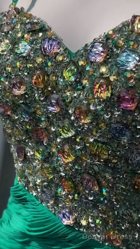 Vintage Green Spaghetti Strap Chiffon A Line Sequin Rhinestone Prom Dress Beautiful Bridal Dresses