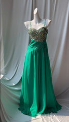 Vintage Green Spaghetti Strap Chiffon A-Line Sequin Rhinestone Prom Dress Beautiful Bridal Dress