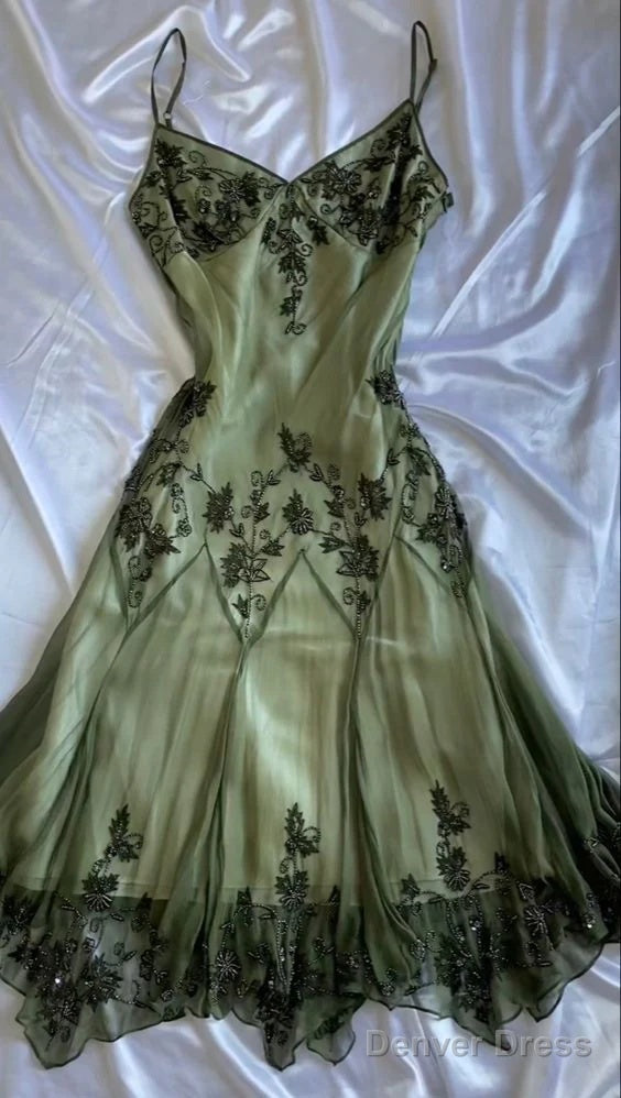 Vintage Green Spaghetti Straps Beaded Prom Dresses