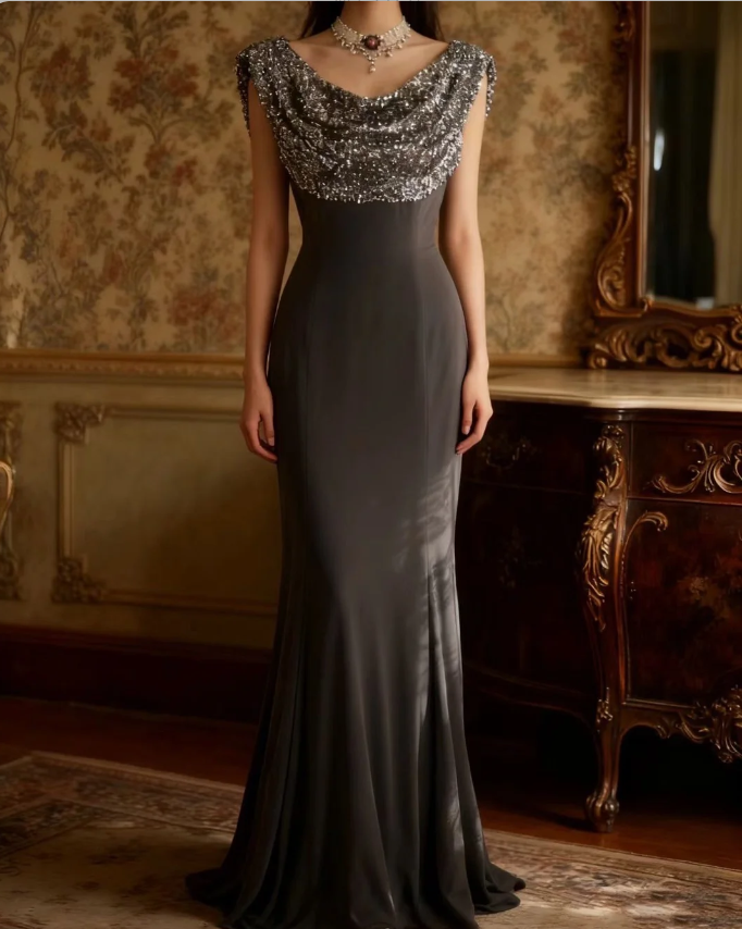 Vintage Black Mermaid Sequin Satin Long Prom Dresses Evening Dresses