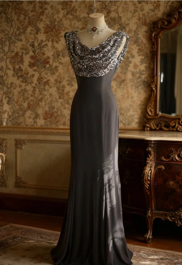 Vintage Black Mermaid Sequin Satin Long Prom Dresses Evening Dresses