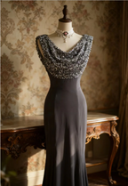 Vintage Black Mermaid Sequin Satin Long Prom Dresses Evening Dresses