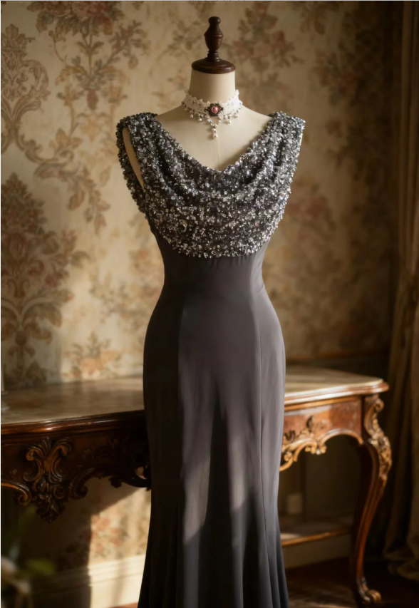 Vintage Black Mermaid Sequin Satin Long Prom Dresses Evening Dresses