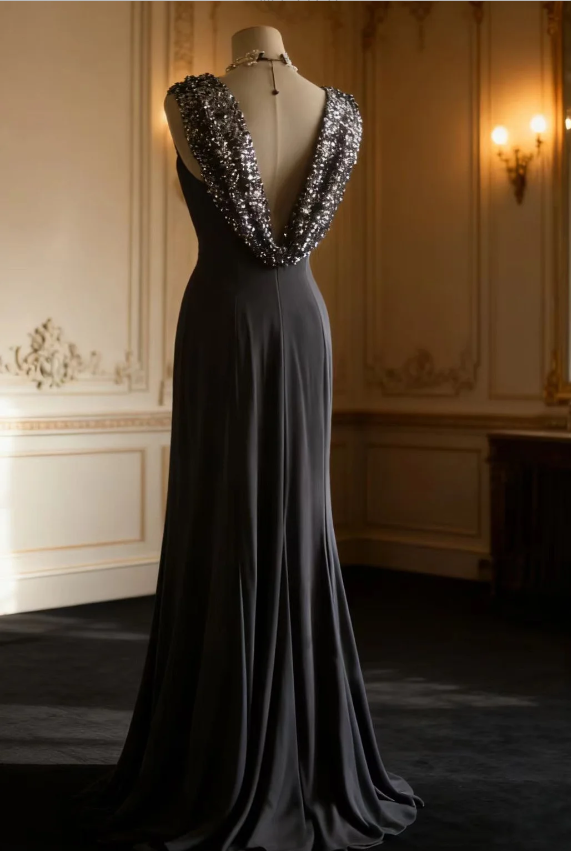 Vintage Black Mermaid Sequin Satin Long Prom Dresses Evening Dresses