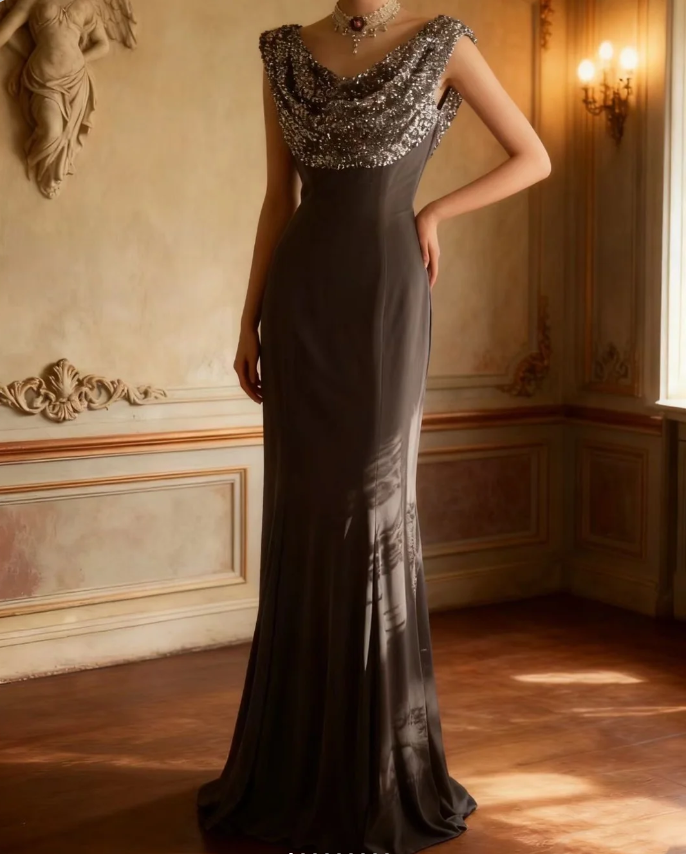 Vintage Black Mermaid Sequin Satin Long Prom Dresses Evening Dresses Main image