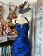 Vintage Halter Sheath Long Prom Dress Beaded Satin Blue Prom Dress Sleeveless Birthday Dresses