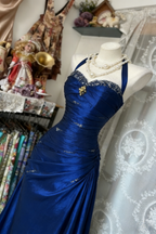 Vintage Halter Sheath Long Prom Dress Beaded Satin Blue Prom Dress Sleeveless Birthday Dresses
