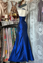 Vintage Halter Sheath Long Prom Dress Beaded Satin Blue Prom Dress Sleeveless Birthday Dresses
