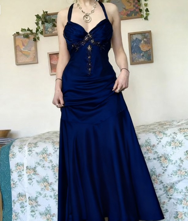 Vintage Halter V Neck Beaded Appliques 90S Prom Dress Mermaid Prom Dresses