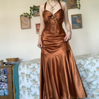 Vintage Halter V Neck Beaded Appliques 90S Prom Dress Mermaid Prom Dresses