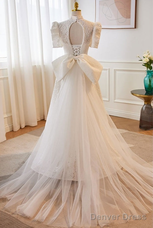 Vintage High Collar White Lace Wedding Dresses With Keyhole Back