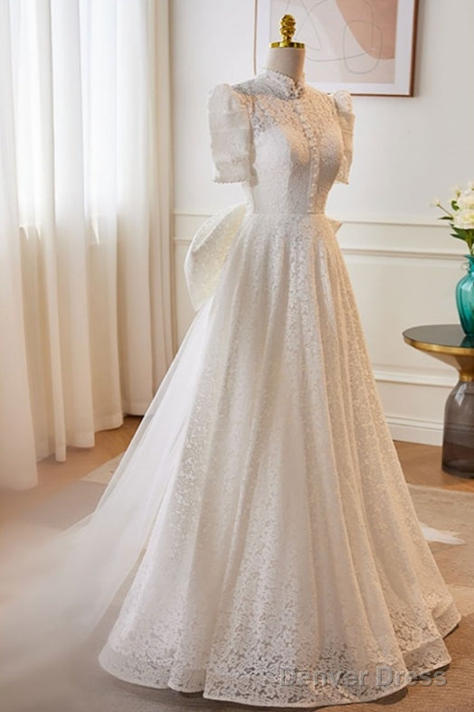 Vintage High Collar White Lace Wedding Dress With Keyhole Back – Denver
