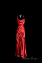Vintage High Low Halter Satin Red Prom Gowns Fairy Long Prom Dresses