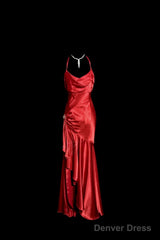 Vintage High Low Halter Satin Red Prom Gown Fairy Long Prom Dresses