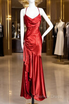 Vintage High Low Halter Satin Red Prom Gowns Fairy Long Prom Dresses