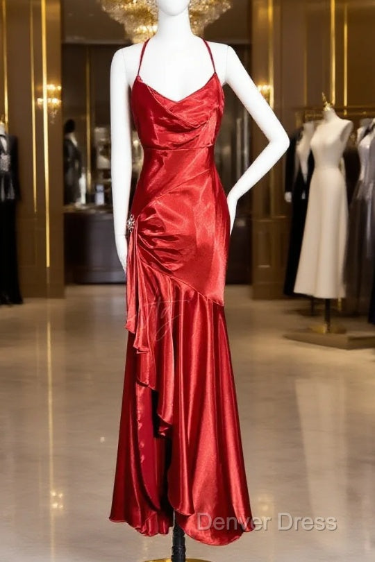 Vintage High Low Halter Satin Red Prom Gowns Fairy Long Prom Dresses