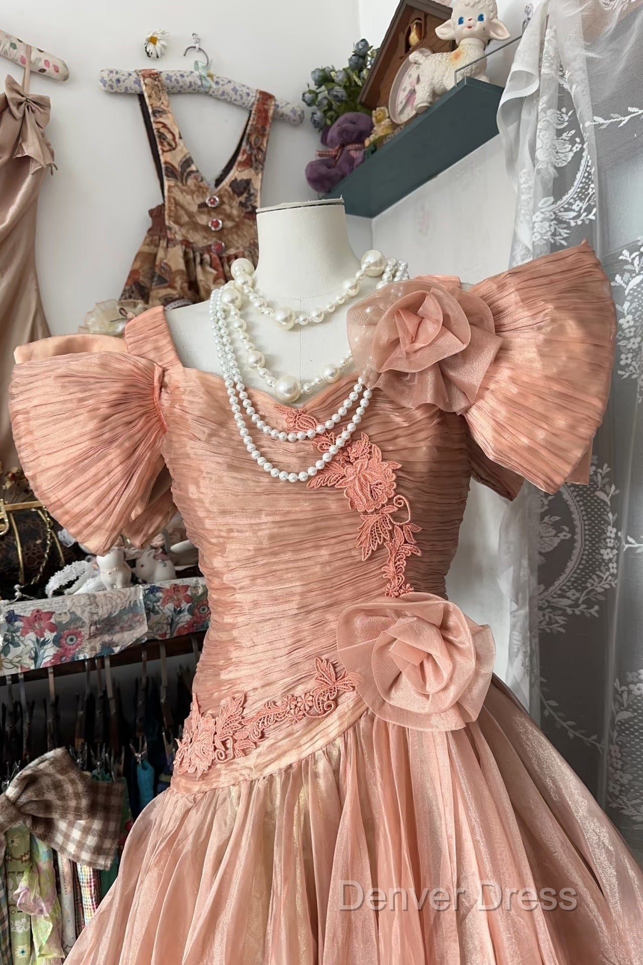 Vintage High Low Short Sleeves Flowers Evening Dresses Prom Dresses Secondary image