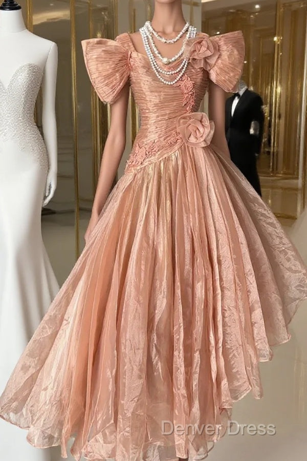 Vintage High Low Short Sleeves Flowers Evening Dresses Prom Dresses Main image