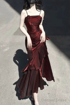 Vintage High Low Spaghetti Straps Burgundy Long Prom Dresses Birthday Outfits